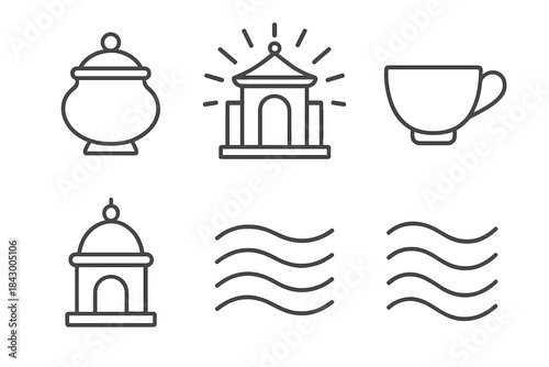 Mindful Vessel Icons. Line style icons of mindful vessel cover on shrine: sacred lid, radiant temple, quiet cup, luminous