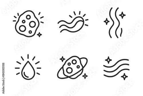 Celestial Line Art Icons. Line style icons of purifying wisdom from space rocks: celestial stone, radiant flow, glowing stream,