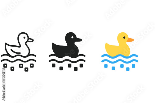 Duck Data Icons. three minimal vector icons of a duck gliding over digital reservoir waves of data, line outline style, solid