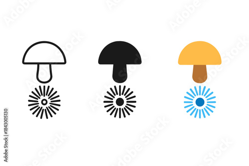 Mushroom Spore Icons. three minimal vector icons of a detailed spore print beneath a mushroom symbolizing identity, line outline