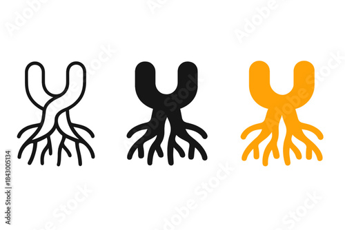 Intertwined Roots Icons. three minimal vector icons of intertwined roots forming a symbol of reciprocal growth agreement, line