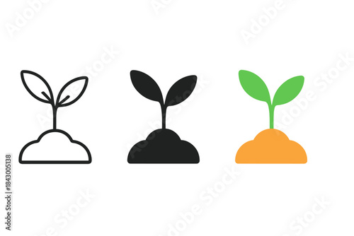Seedling Pact Icons. three minimal vector icons of two seedlings growing from shared soil forming a mutual pact symbol, line
