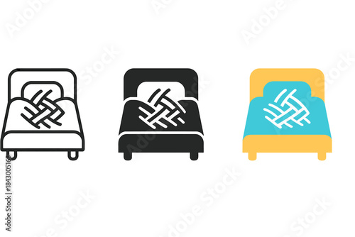 Artistic Bed Icons. three minimal vector icons of artistic bed design made from flowing textile weave patterns, line outline style