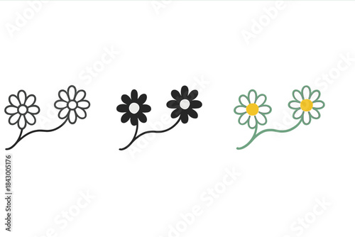 Minimal Daisy Chain Icons. three minimal vector icons of small daisies linked by stems creating a floral chain design, line