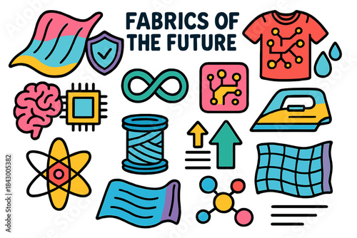 Futuristic fabrics flat icon set. featuring ai, tech, shield, infinity, gps, atom, and iron symbols