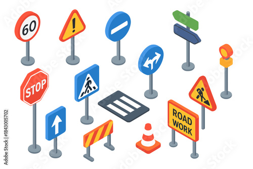Traffic signs isometric icon set. featuring stop sign, speed limit, road work, pedestrian crossing, and directional arrows