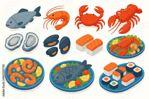 Seafood flat icon set. featuring fish, shrimp, crab, lobster, oysters, mussels, sushi, and seafood platter
