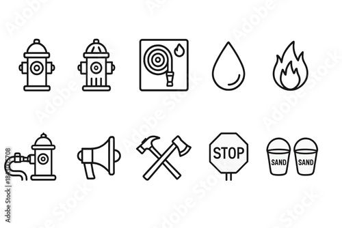 Fire safety linear icons set. featuring hydrant, hose, water drop, flame, megaphone, axes, stop sign, sand bucket