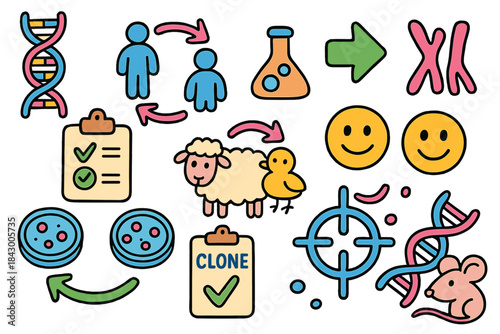 Genetics flat icon set. featuring dna, cloning, lab, genetics, sheep, chick, and chromosome symbols