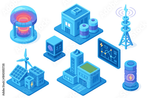 Energy and technology isometric icon set. featuring reactor, factory, power lines, turbine, solar panel, and battery.