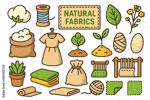 Natural fabrics flat icon set. featuring cotton, spool, dress, plant, seedling, loom, yarn, and textile symbols