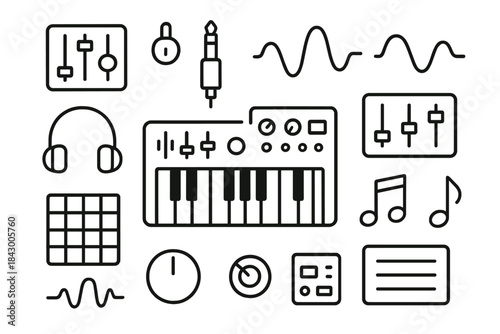 Music equipment linear icons set. featuring keyboard, headphones, mixer, music notes, synthesizer, wave, and clock symbols