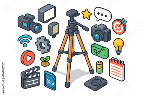 Photography equipment flat icon set. featuring camera, tripod, lighting equipment, memory card, and notebook symbols