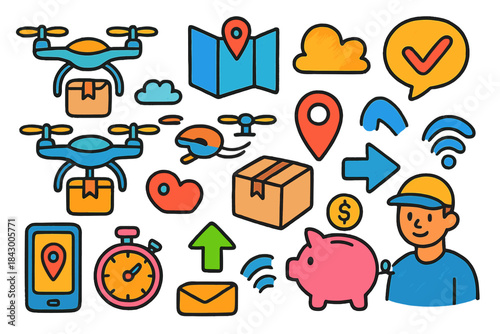 Delivery service flat icon set. featuring drone, map, cloud, package, checkmark, and location symbols