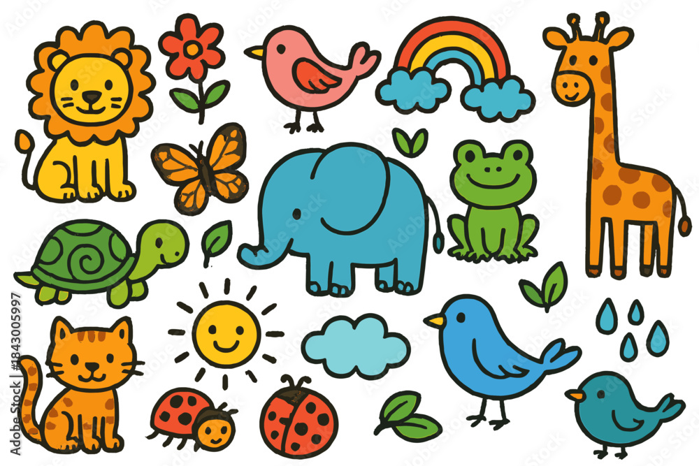 Obraz premium Animal and nature elements flat icon set. featuring lion, butterfly, turtle, elephant, cat, giraffe, and bird symbols