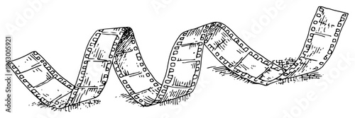 Hand drawn curling film strip or cinema tape in retro sketch style