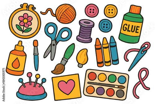 Craft supplies flat icons set. featuring embroidery, yarn, scissors, buttons, glue, paintbrush, crayon, needle
