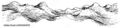 Hand drawn black and white landscape sketch of rolling hills or ocean waves in vintage engraving style