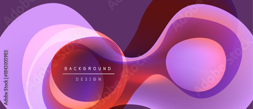 Abstract fluid shapes overlap, creating vibrant purple, pink, red gradients. Modern design suggests energy, movement, depth.