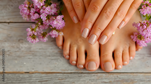 A close-up of a person's feet with painted toenails surrounded by pink flowers