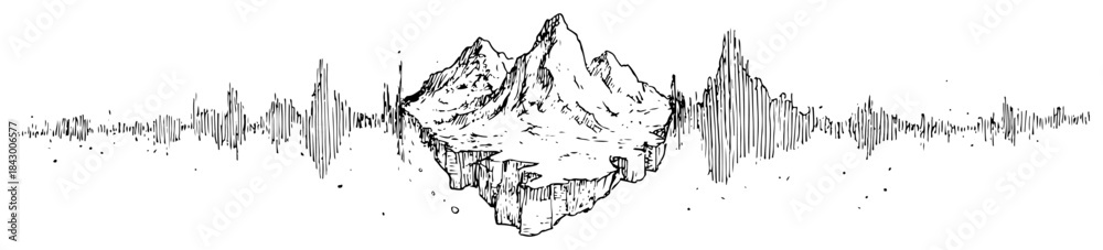 Obraz premium Floating mountain island with audio waveform line art