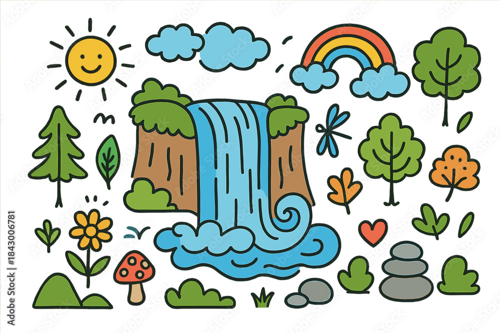 Fototapeta premium Nature elements flat icon set. featuring waterfall, tree, sun, cloud, rainbow, flower, and mushroom