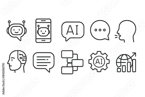Communication linear icon set. featuring chatbot, smartphone, ai, speech, conversation, diagram, and analytics