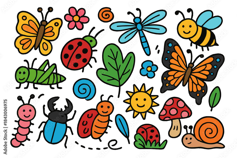 Obraz premium Nature and insects flat icon set. featuring butterfly, bee, dragonfly, mushroom, leaf, and flower symbols