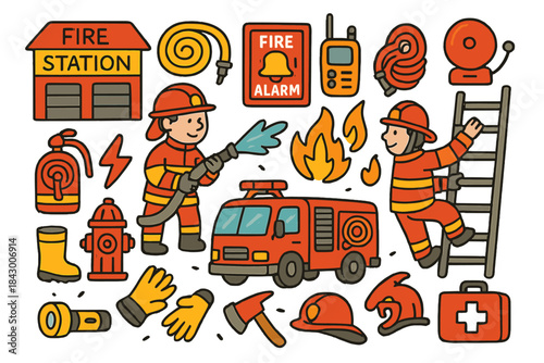 Firefighting flat icon set. featuring station, alarm, truck, equipment, hose, extinguisher, hydrant, and ladder