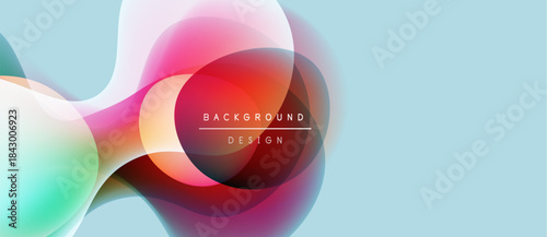 Abstract fluid shapes overlap, creating vibrant color gradients. Background features text background design. Soft blue backdrop complements flowing forms.