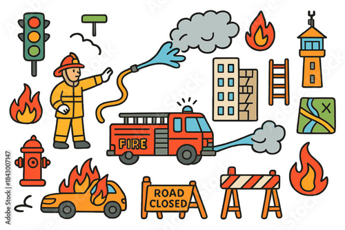 Firefighting flat icon set. featuring firefighter, truck, flame, hydrant, ladder, extinguisher, and alarm symbols