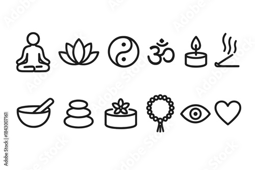 Meditation and relaxation linear icon set. featuring yoga, lotus, yin-yang, om, candle, incense, bowl, stones, flower, beads, eye, heart.
