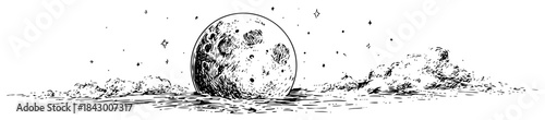 Full moon rising above clouds in night sky sketch illustration