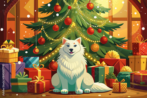 Beautiful big Christmas tree with decorative gift boxes next to it and a fluffy white dog resting nearby, festive holiday scene with warm golden background and cozy seasonal festive atmosphere.