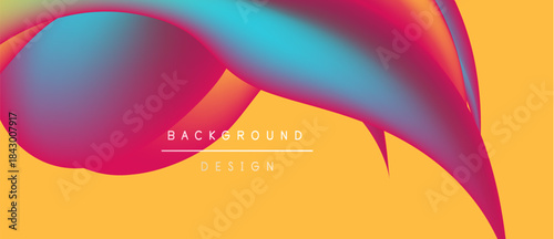 Abstract fluid shapes blend vibrant colors. Yellow backdrop complements flowing magenta, turquoise hues. Design suggests movement, energy.