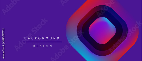 Vibrant purple backdrop features layered geometric shapes. Blue, red hues blend creating modern visual effect. Text reads background design.
