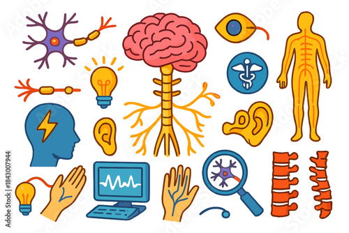 Science and medicine flat icon set. featuring brain, neuron, ear, eye, brain, lungs, heart, nervous system, and computer
