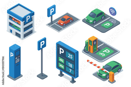 Parking facilities flat icon set. featuring garage, parking lot, electric charging, barrier, and ticket machine symbols