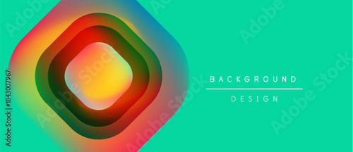 Vibrant abstract design features concentric squares, rainbow hues, turquoise backdrop. Text reads background design. Simple, modern aesthetic.