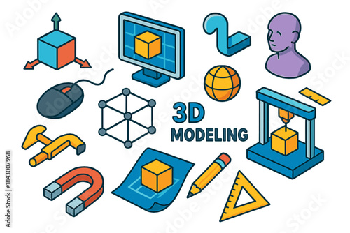 3d modeling flat icon set. featuring computer, 3d printer, cube, tools, and design symbols