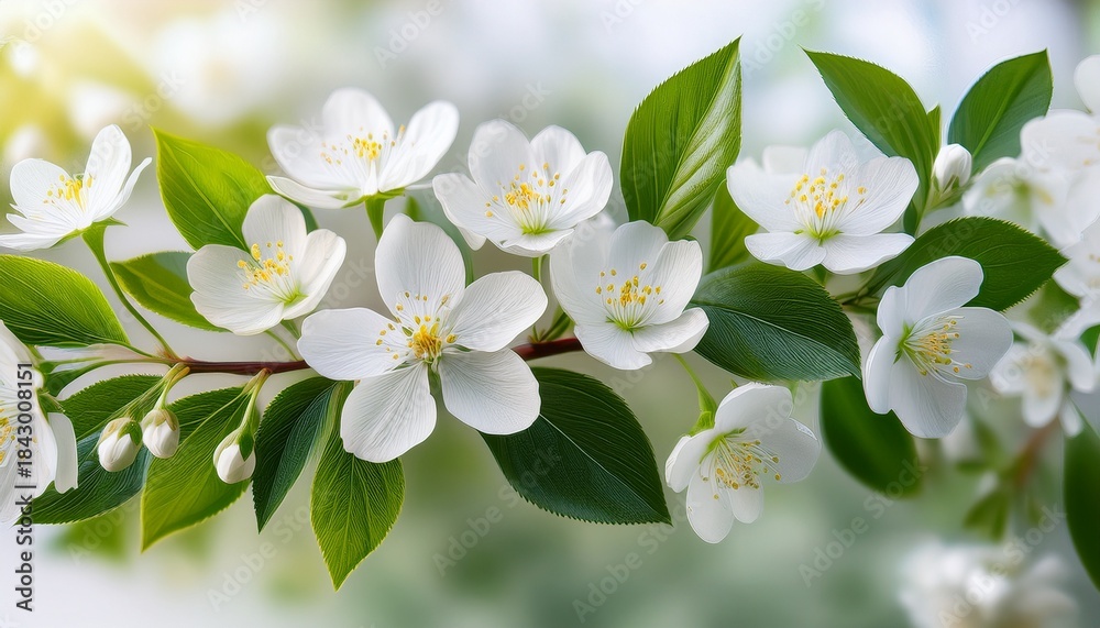 Obraz premium elegant white flowering branch with delicate blossoms lush green leaves vibrant petals and artistic natural details for garden floral decor and seasonal beauty