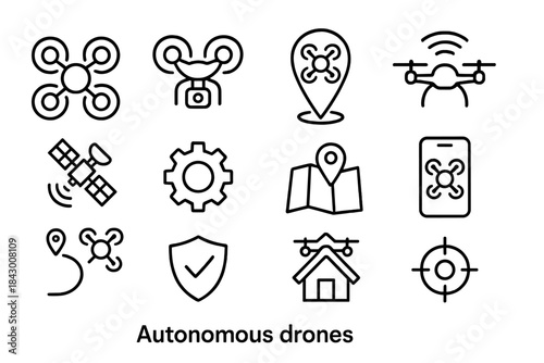 Autonomous drones linear icon set. featuring quadcopter, gps, gear, satellite, map, location, and target symbols