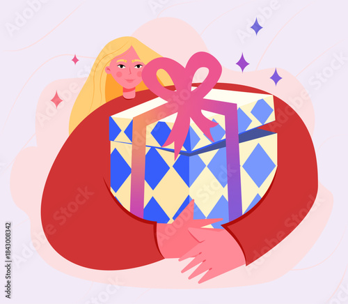 Beautiful Girl Holding a Large Gift Box in a Simple Modern Illustration