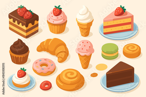 Bakery and dessert isometric icons set. featuring cake, cupcake, ice cream, croissant, donut, and macaron visuals