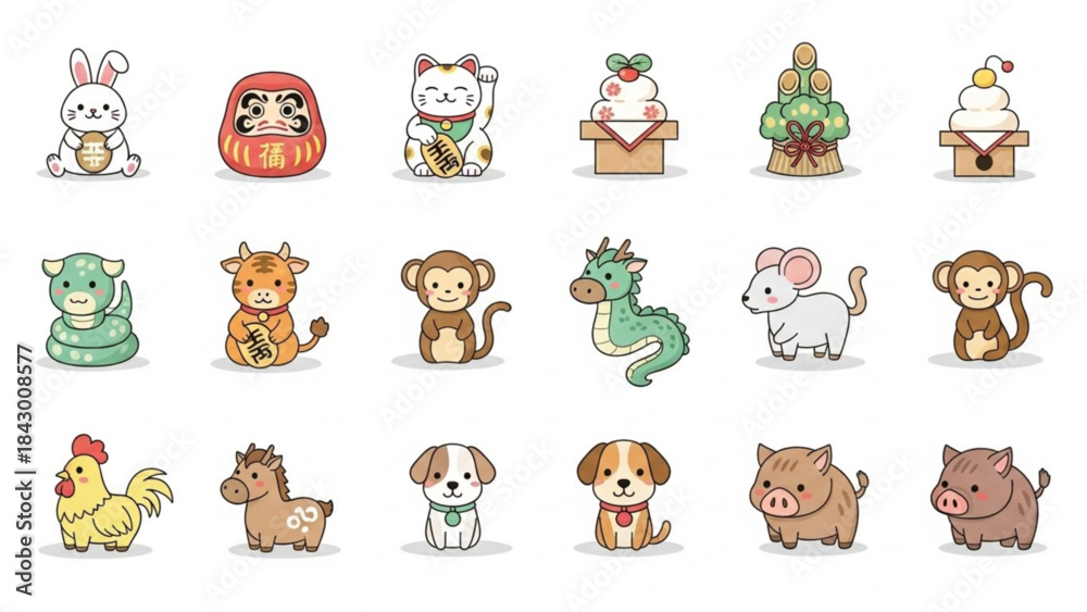 Naklejka premium Cute cartoon animals in a variety of species and colors