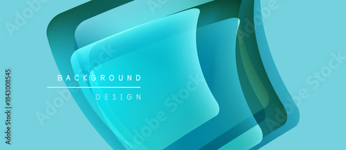 Abstract layered shapes, turquoise hues, modern design. Background features glossy effects, gradients, text elements. Simple, clean aesthetic.