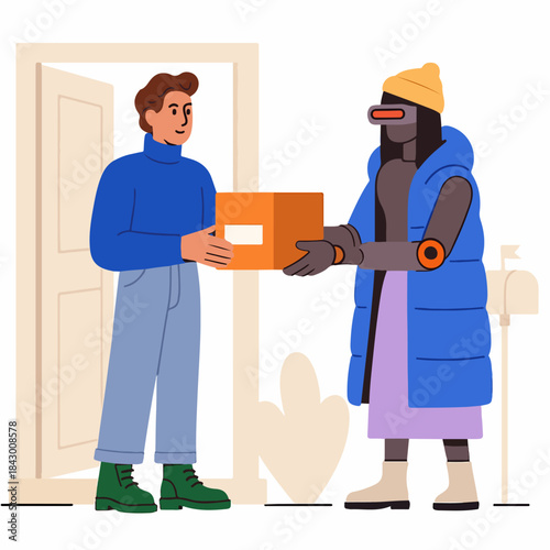 Robot Courier Is Carrying Out An Important Task In Cold Weather Conditions.