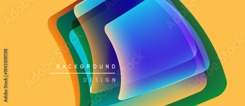 Abstract rounded squares overlap. Vibrant colors blend, creating dynamic visual effect. Background is golden yellow. Text reads background design.