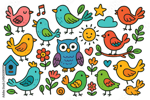 Birds and nature flat icon set. featuring birdhouse, owl, sun, cloud, musical note, stars, and heart symbols