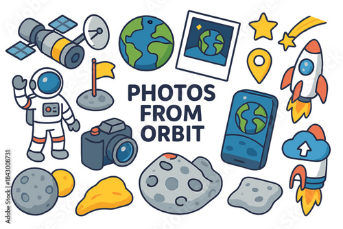 Space exploration linear icon set. featuring astronaut, rocket, earth, satellite, telescope, and moon symbols